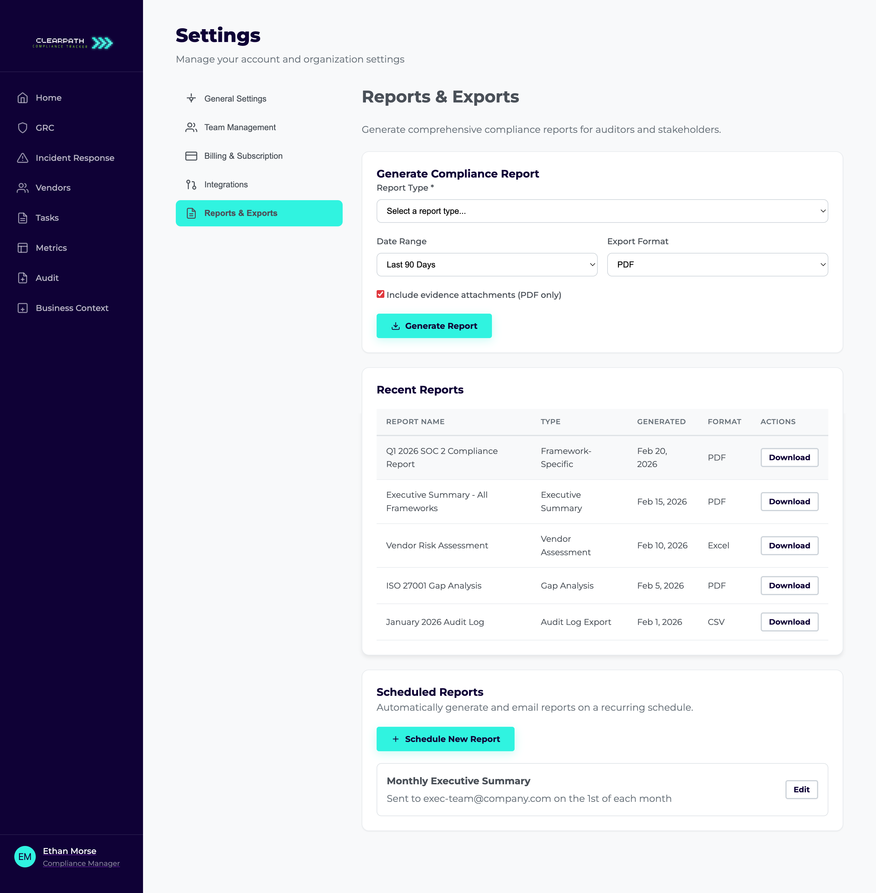 ClearPath compliance reports dashboard showing audit readiness status